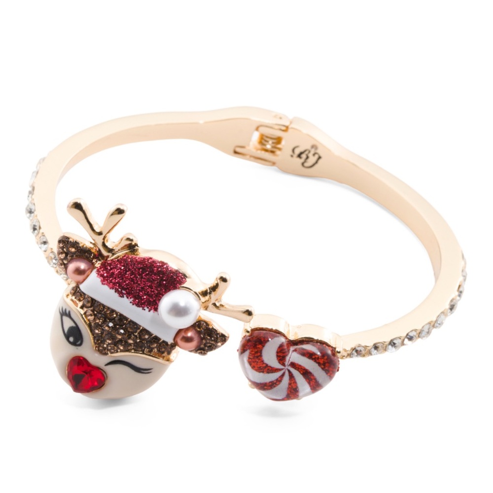 NIB Betsey Johnson Winking Reindeer Hinge Bangle Bracelet